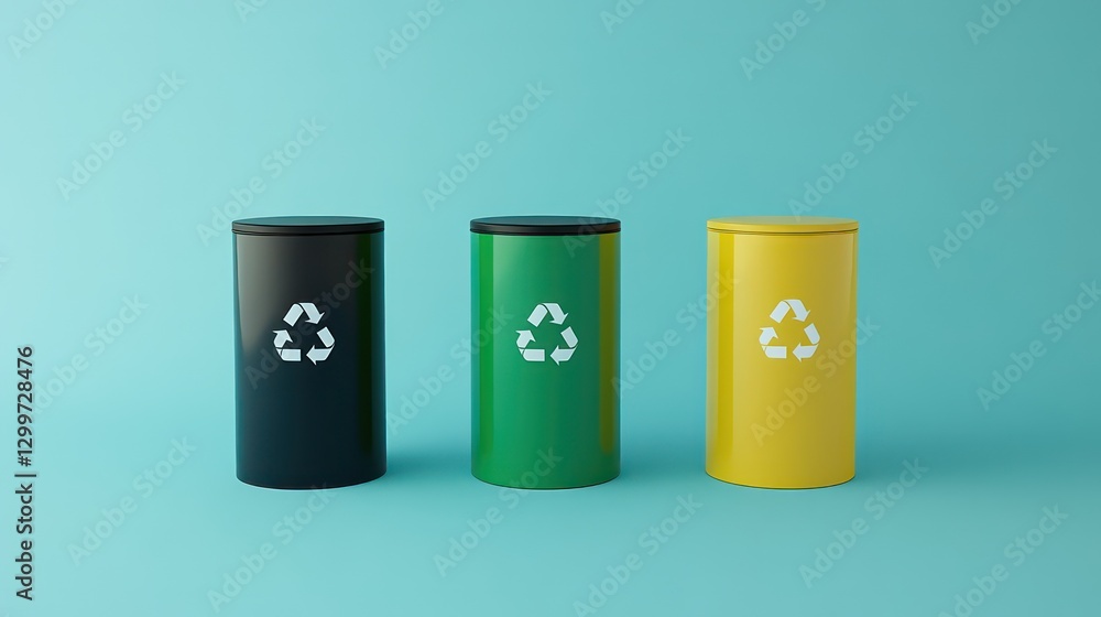 Recycling bins studio shot, color coded, environmental awareness Recycling bins studio shot, color coded, environmental awareness