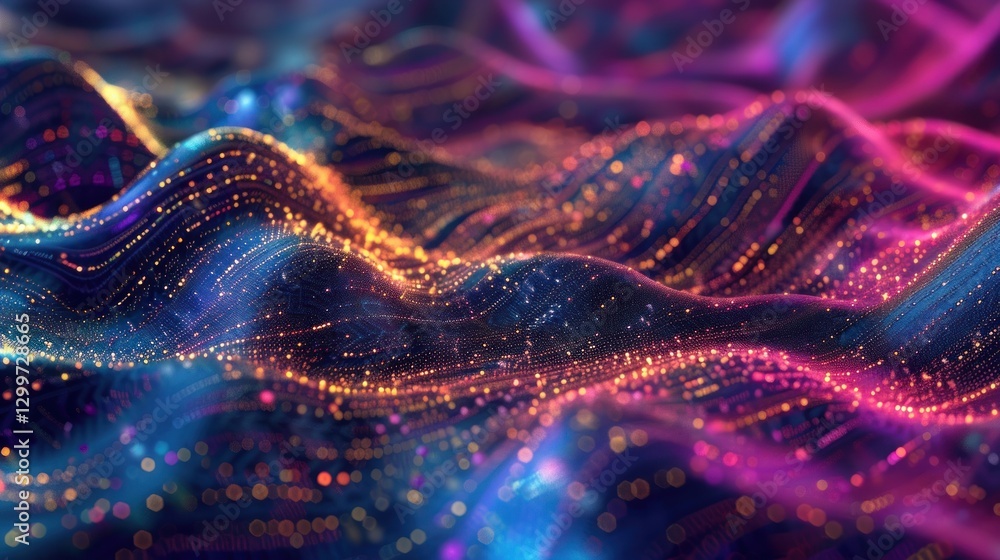 Abstract Digital Landscape with Wavy Lines and Glowing Lights Abstract Digital Landscape with Wavy Lines and Glowing Lights