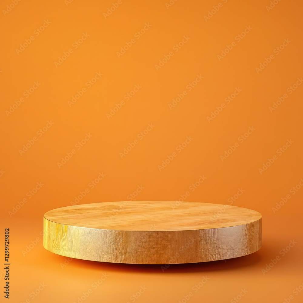 Product display podium, golden and round, on an orange wooden base. Product display podium, golden and round, on an orange wooden base.