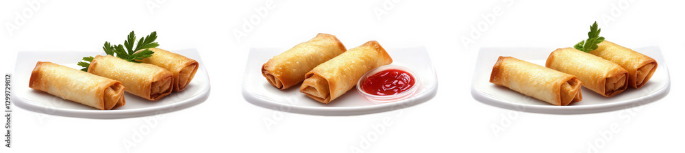 three plates of crispy spring rolls. each neatly arranged two plates have a dipping sauce. while one has a garnish of parsley. highlighting the appetizing presentation of this popular snack the overal three plates of crispy spring rolls. each neatly arranged two plates have a dipping sauce. while one has a garnish of parsley. highlighting the appetizing presentation of this popular snack the overal