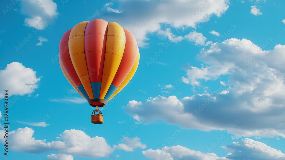 vibrant hot air balloon with red and yellow stripes floats gracefully in clear blue sky filled with fluffy white clouds, evoking sense of adventure and freedom vibrant hot air balloon with red and yellow stripes floats gracefully in clear blue sky filled with fluffy white clouds, evoking sense of adventure and freedom