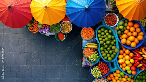 Colorful market scene with vibrant fruits and umbrellas, showcasing variety of fresh produce. lively atmosphere invites exploration and enjoyment of local flavors