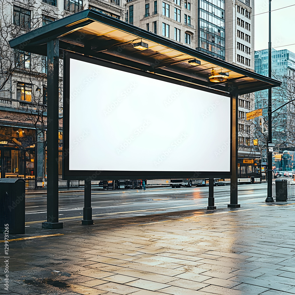 Blank billboard at a city bus stop, high-detail advertising mockup. Blank billboard at a city bus stop, high-detail advertising mockup.