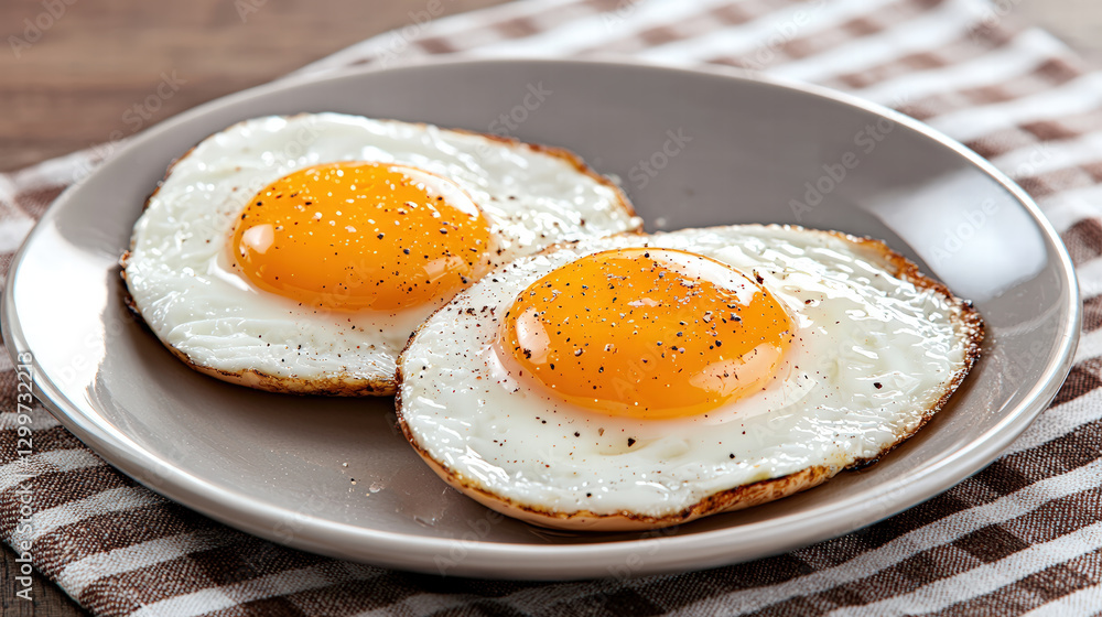 Two sunny side up eggs on plate, garnished with black pepper, evoke warm and inviting breakfast scene Two sunny side up eggs on plate, garnished with black pepper, evoke warm and inviting breakfast scene