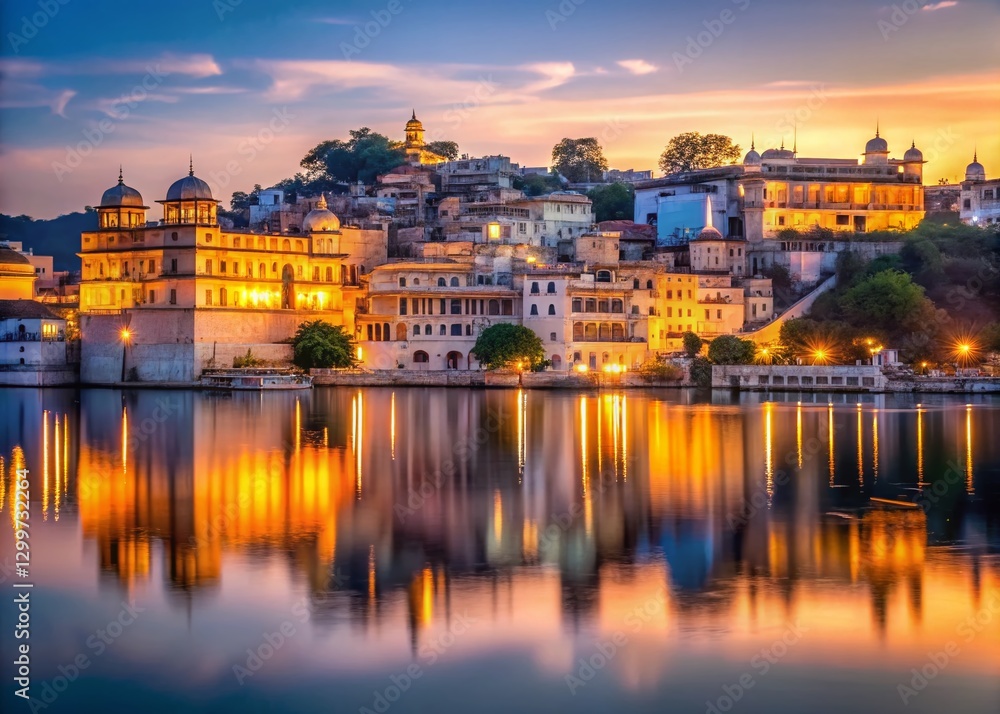 Obraz premium Udaipur Lake Pichola Dawn: Serene Architectural Reflections