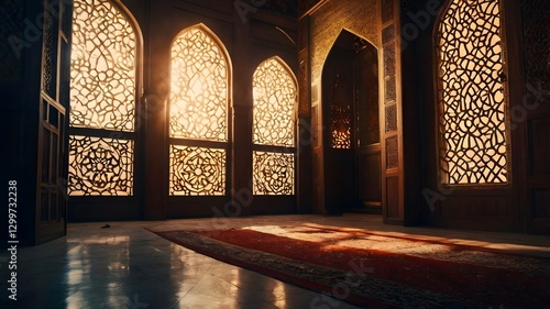 Islamic wallpaper, inside a very old humble Mosque, muslim people doing prayer, a scene of  greatness, Ramadan the holy month, warm ambience, blessing