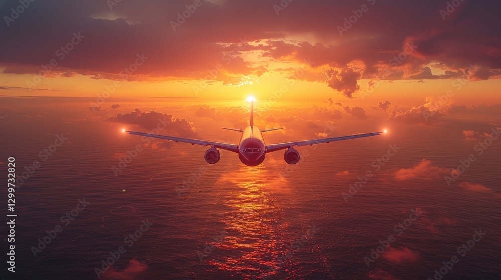 Obraz premium Airplane Flying Above Ocean at Sunset