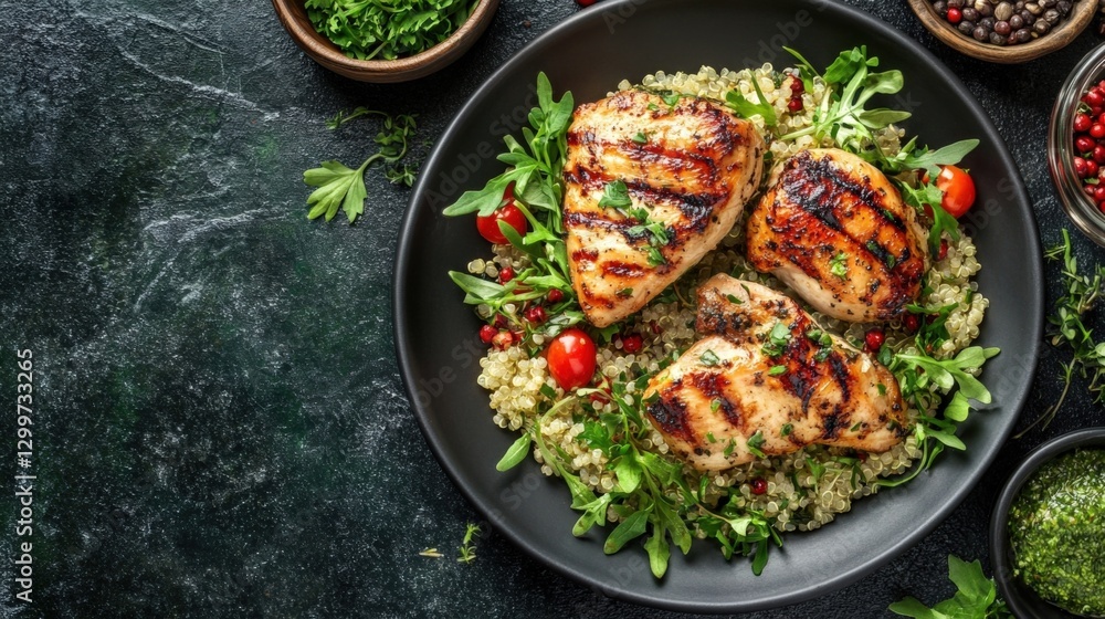 Grilled chicken breast fillets resting on a vibrant bed of quinoa and arugula salad, garnished with fresh cherry tomatoes, create a nutritious and flavorful meal perfect for any occasion Grilled chicken breast fillets resting on a vibrant bed of quinoa and arugula salad, garnished with fresh cherry tomatoes, create a nutritious and flavorful meal perfect for any occasion