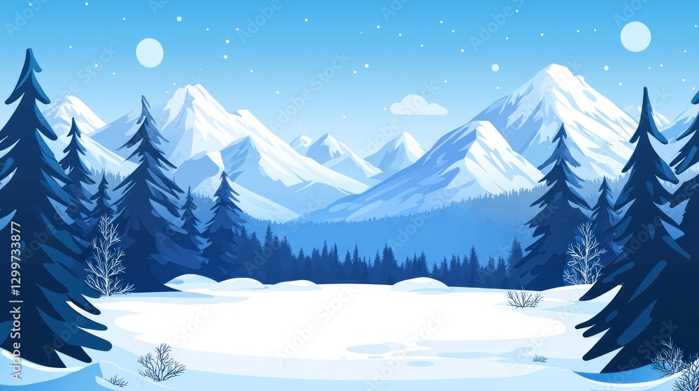 Fototapeta premium Snowy mountain range landscape with pine trees.