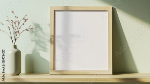 A photograph of a large, white, blank frame mockup on a shelf, with a light wood and sage green wall background, in a minimalist style