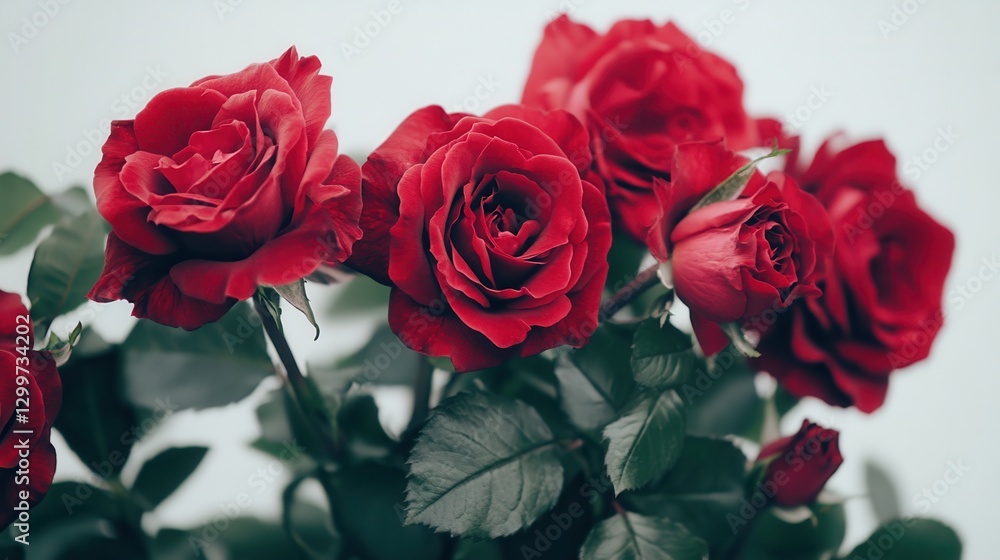 Close Up of Red Roses with Green Leaves Against a White Background Close Up of Red Roses with Green Leaves Against a White Background