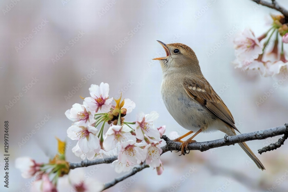 Bird Singing on Cherry Blossom Branch in Springtime Beauty Bird Singing on Cherry Blossom Branch in Springtime Beauty