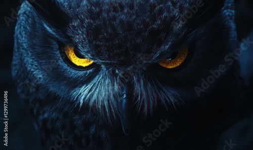 Powerful owl eyes, night forest, intense gaze, wildlife photography, nature background