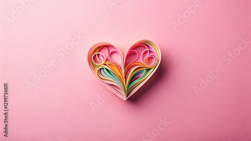 Valentine's Day Paper Heart Macro Photography: Pastel Pink Background, Flat Lay, Top View