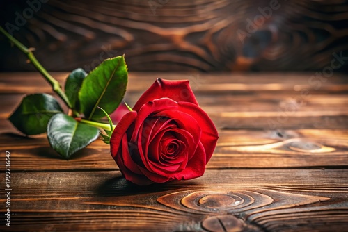 Valentine's Day Red Rose on Rustic Wooden Table Background - Romantic Stock Photo