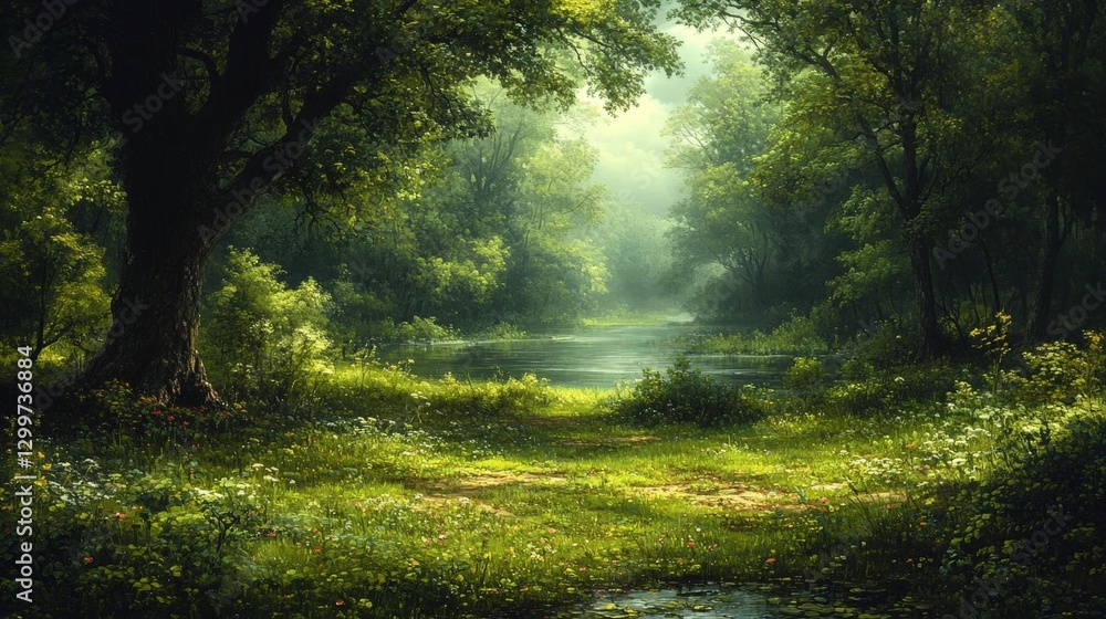 Obraz premium Sunlit Forest Path With River And Flowers