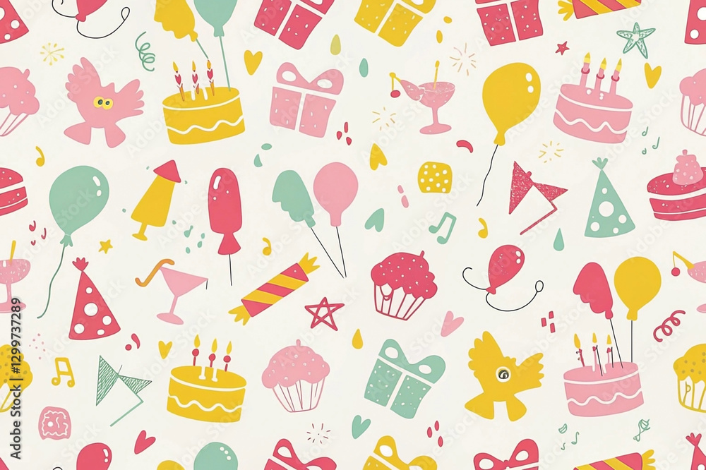 Seamless festive pattern with birthday cakes, balloons, gifts, and party elements. Seamless festive pattern with birthday cakes, balloons, gifts, and party elements.