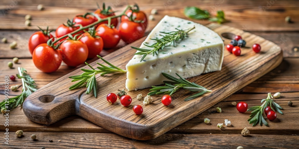 Aromatic Wedge of Cheese with Herbs and Berries on Rustic Wooden Board Aromatic Wedge of Cheese with Herbs and Berries on Rustic Wooden Board