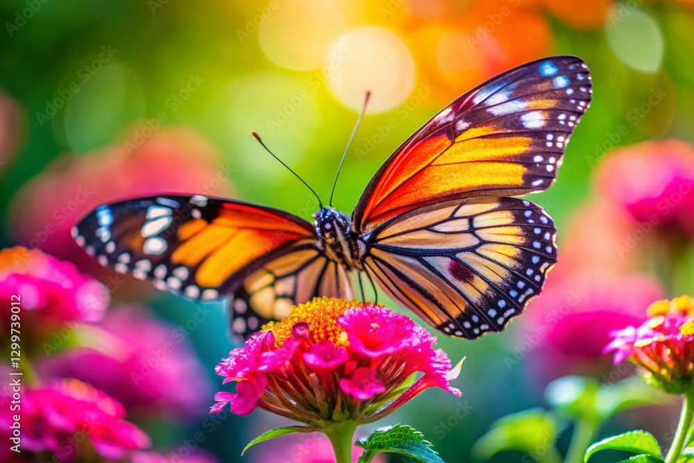 Vibrant Butterfly on Pink Flower, Macro Nature Photography, Bokeh Background - Perfect for Banner, Poster, Wallpaper Vibrant Butterfly on Pink Flower, Macro Nature Photography, Bokeh Background - Perfect for Banner, Poster, Wallpaper