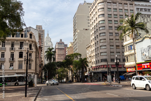 SÃO PAULO, SP, BRAZIL - JULY 27, 2024: Altino Arantes, Martinelli and Banco do Brasil buildings in the background, seen from Largo do Paissandú.
