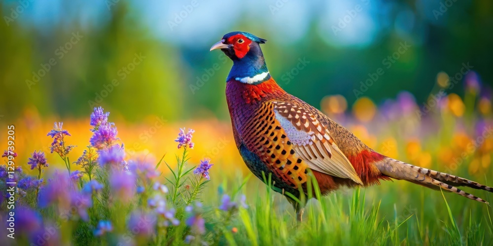 Fototapeta premium Vibrant pheasant amidst a field of wildflowers, bathed in sunlight, showcasing its iridescent plumage