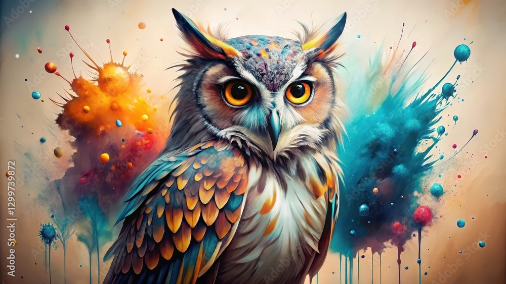 Obraz premium A Majestic Owl Portrait Immersed in a Vibrant Explosion of Hues and Colors