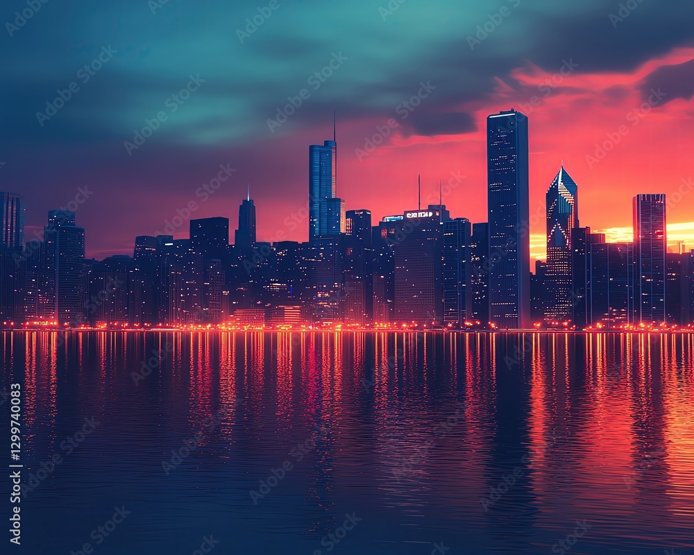 Fototapeta premium Vibrant city skyline at dusk with reflections