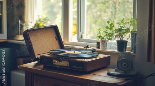 Wallpaper Mural Vintage Record Player by the Window: A Serene Moment of Nostalgia and Music Torontodigital.ca