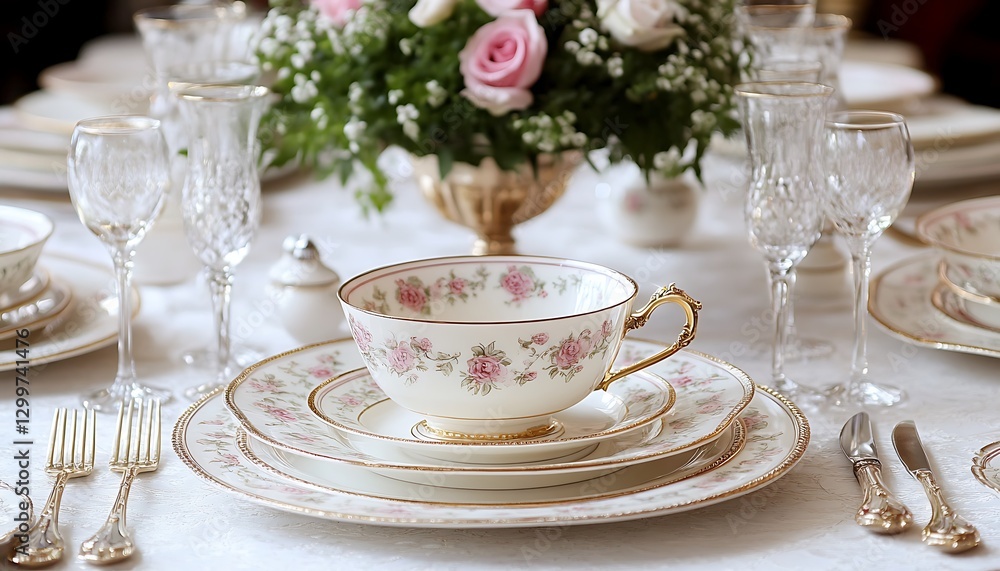 Elegant dining setting with floral decorations and fine tableware Elegant dining setting with floral decorations and fine tableware