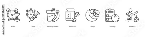 Bodyweight Training Icon Sheet alarm, timer, healthy shakes, nutrition, sleep, training, workout