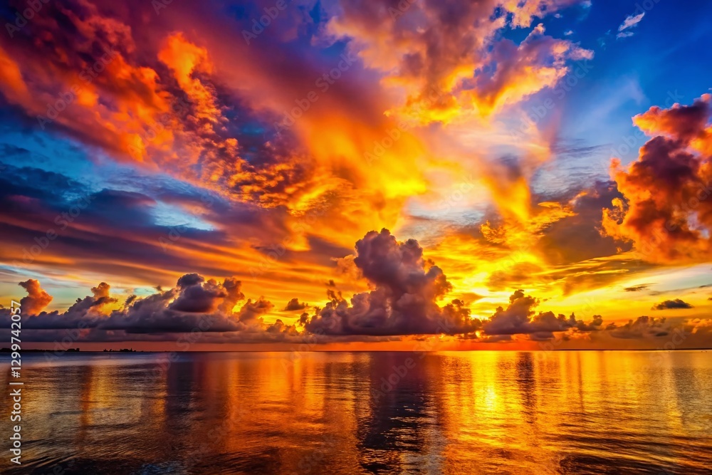 Fototapeta premium Vibrant Key West Sunset: Tropical Sky, Ocean Horizon, Colorful Cloudscape