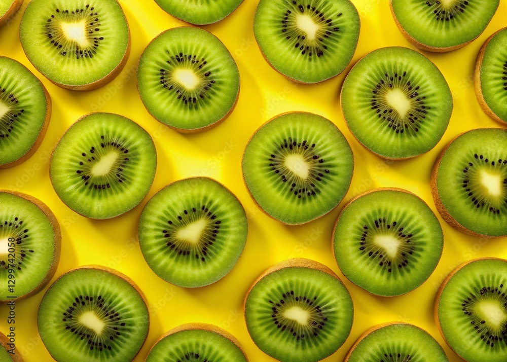 Vibrant Kiwi Fruit Slices Pattern on Yellow Background - Stock Photo Vibrant Kiwi Fruit Slices Pattern on Yellow Background - Stock Photo