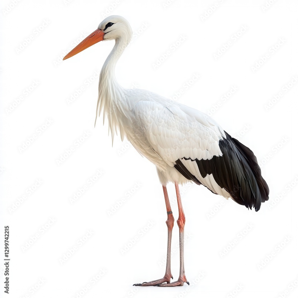 Fototapeta premium Elegant White Stork with Long Neck and Bright Orange Beak