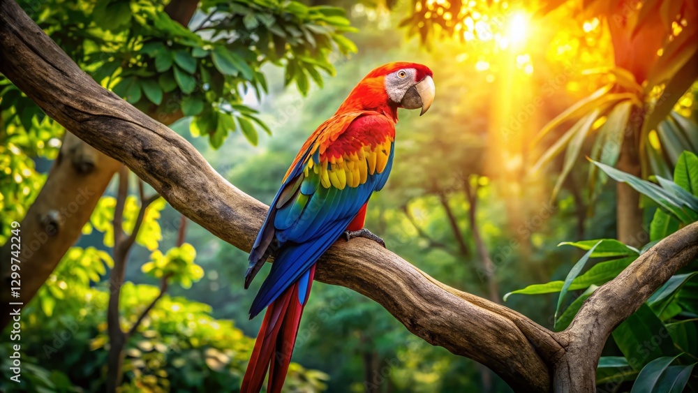 Obraz premium Vibrant Macaw Perched on Lush Tree Branch in Zoo Enclosure