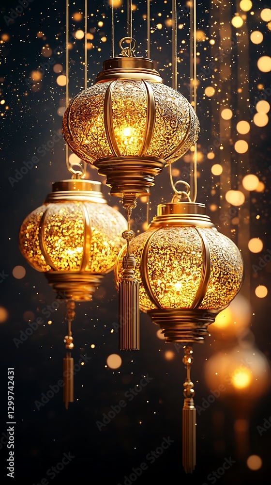 Gold Lanterns Hang Elegantly with Beautiful Golden Glowing Lights Displayed Gold Lanterns Hang Elegantly with Beautiful Golden Glowing Lights Displayed