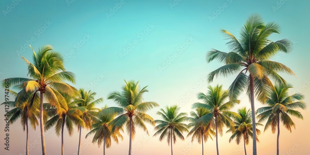 Serene Tropical Vista A Row of Majestic Palm Trees Silhouetted Against a Vibrant Sunset Sky Serene Tropical Vista A Row of Majestic Palm Trees Silhouetted Against a Vibrant Sunset Sky