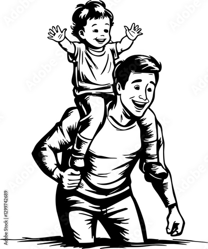 Joyful father-son bonding home illustration indoor eye-level family togetherness