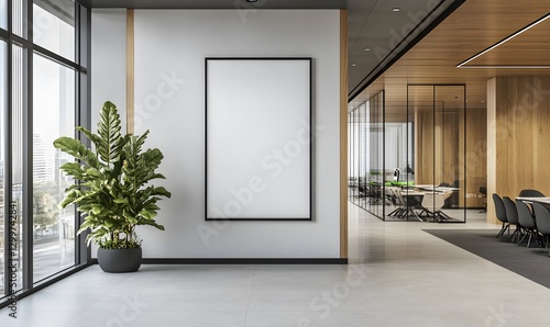 Fototapeta Naklejka Na Ścianę i Meble -  Modern office interior with empty framed mockup poster on the wall and conference room with glass partition. 3D Rendering,
