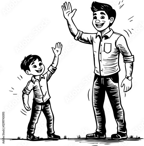 Father and son greeting each other in an urban setting illustrative artwork family bonding concept