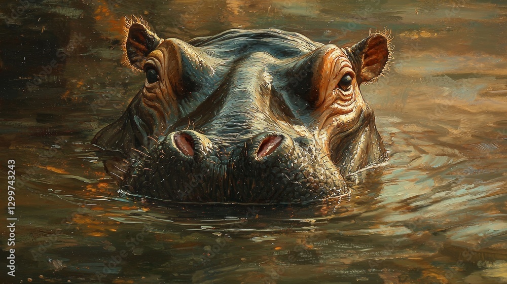 Fototapeta premium Close-Up Portrait of a Hippo Emerging from Water in a Natural Habitat Environment