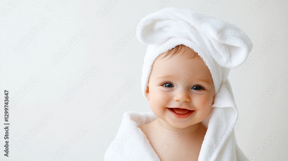 Joyful baby wrapped in towel indoor setting portrait photography soft lighting adorable concept Joyful baby wrapped in towel indoor setting portrait photography soft lighting adorable concept