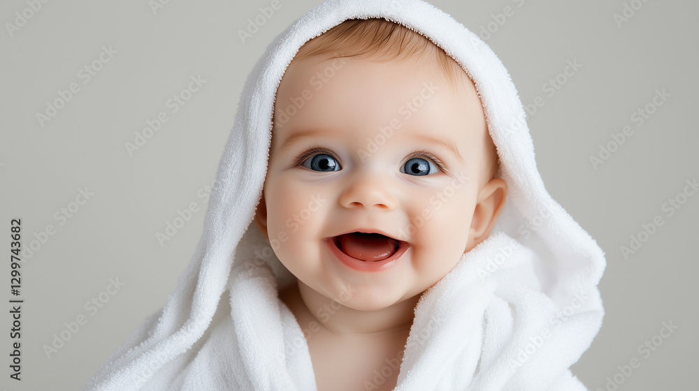 Joyful baby smiling in soft white towel indoor portrait bright environment close-up happiness Joyful baby smiling in soft white towel indoor portrait bright environment close-up happiness