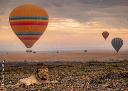 Принти на полотні lion resting in masai mara kenya, a sentinel of the savannah, as colorful hot ai