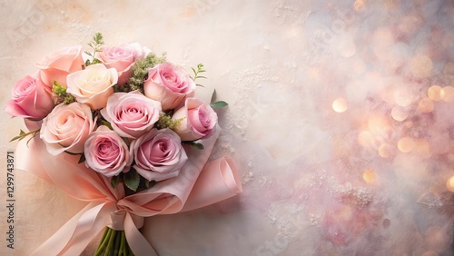 A Delicate Bouquet of Pastel Pink Roses Tied with a Soft Ribbon on a Textured Background