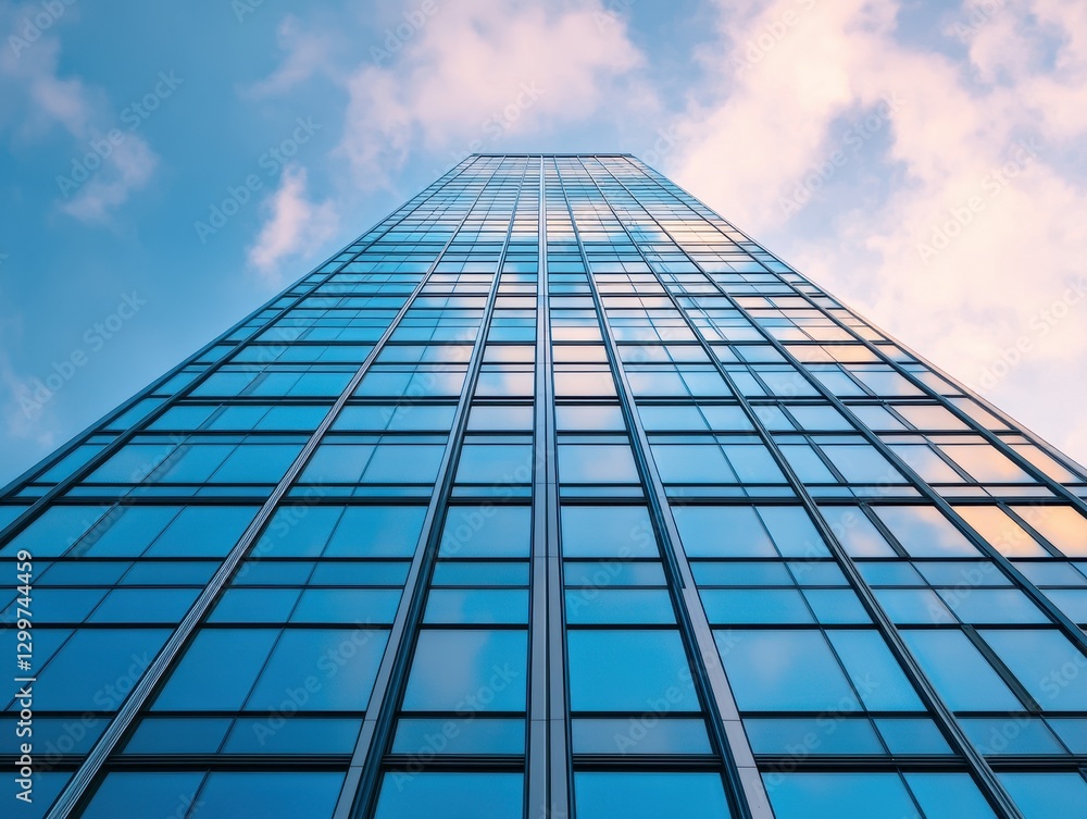 Modern glass skyscraper reaching towards a bright blue sky with fluffy clouds, showcasing architectural brilliance and urban growth potential in the city Modern glass skyscraper reaching towards a bright blue sky with fluffy clouds, showcasing architectural brilliance and urban growth potential in the city