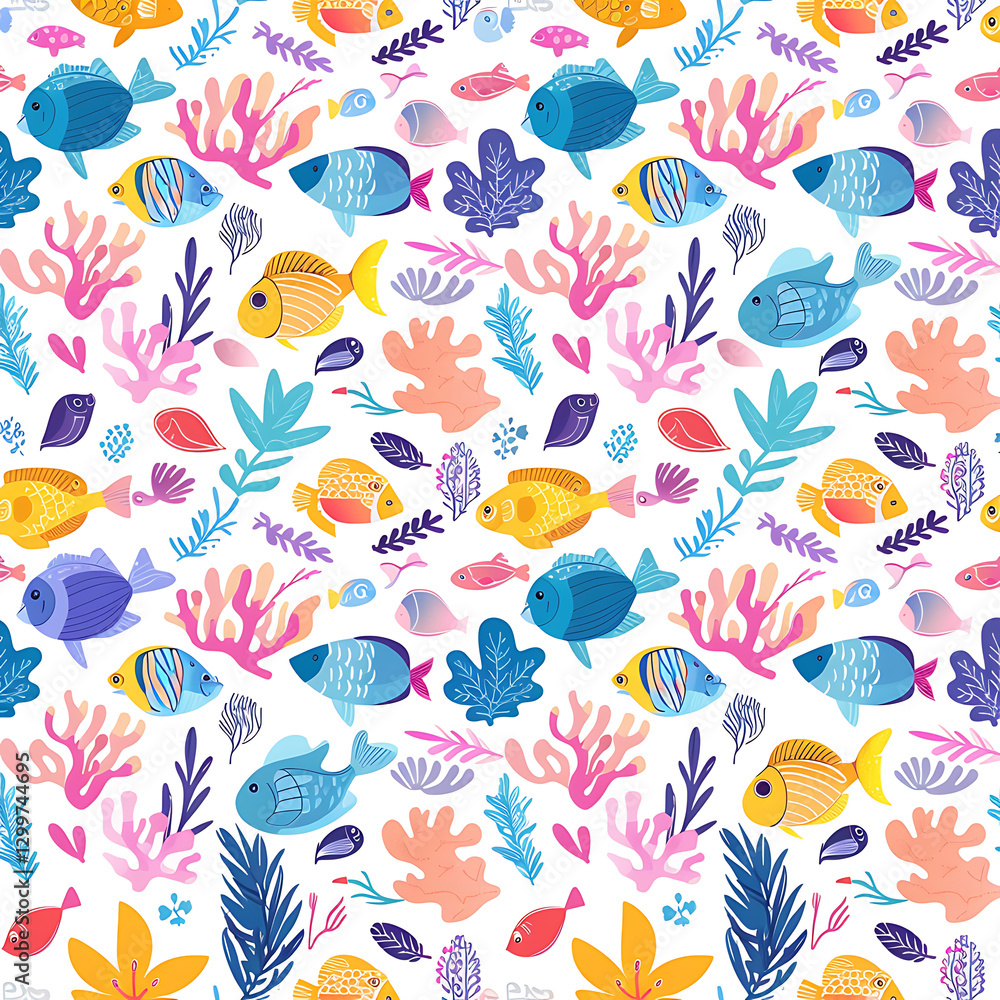 Fototapeta premium Vibrant underwater scene featuring colorful fish and coral marine ecosystem digital illustration bright aesthetic