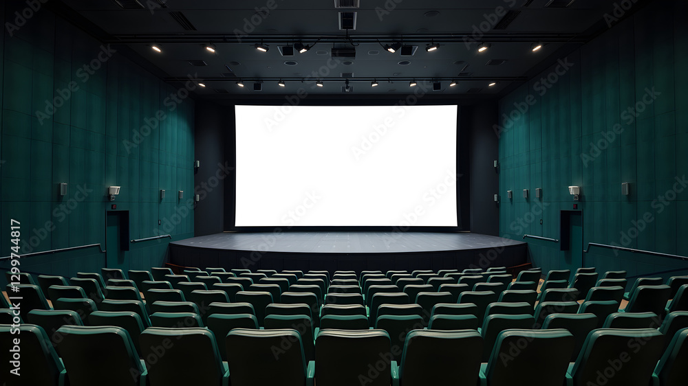 Fototapeta premium Dark green Empty Theater with white screen, Awaiting the Show 