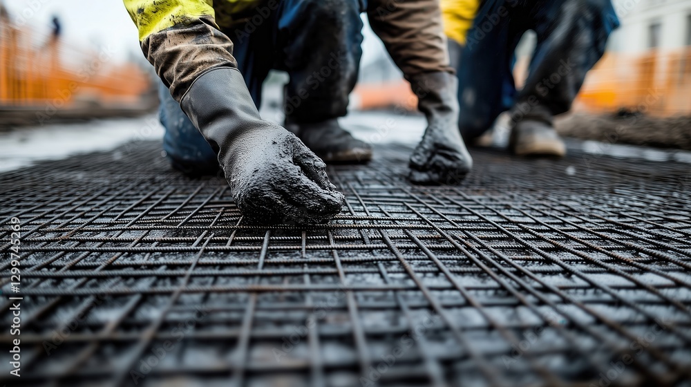 Construction Workers Laying Rebar on a Building Site in Urban Environment with Focus on Hands and Steel Framework for Structural Support Construction Workers Laying Rebar on a Building Site in Urban Environment with Focus on Hands and Steel Framework for Structural Support