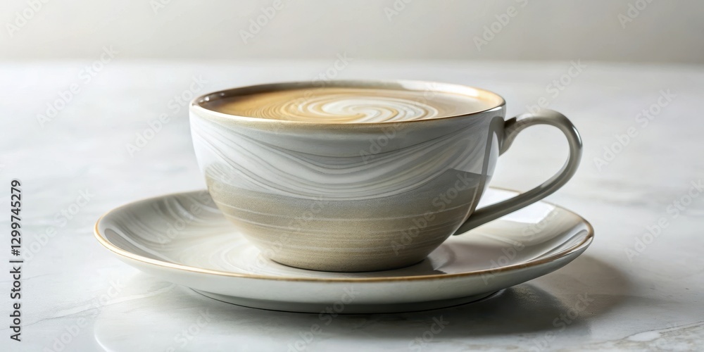 Aromatic coffee in a stylish swirling-patterned cup and saucer rests on a smooth surface Aromatic coffee in a stylish swirling-patterned cup and saucer rests on a smooth surface