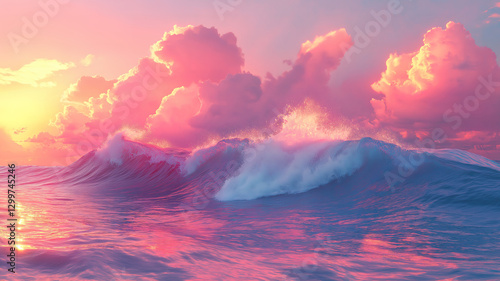 Beautiful ocean wave with colorful hues reflecting sunset light and picturesque clouds in the distance